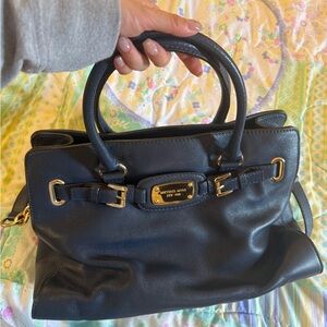 Michael Kors Navy Leather Satchel with Gold Accents